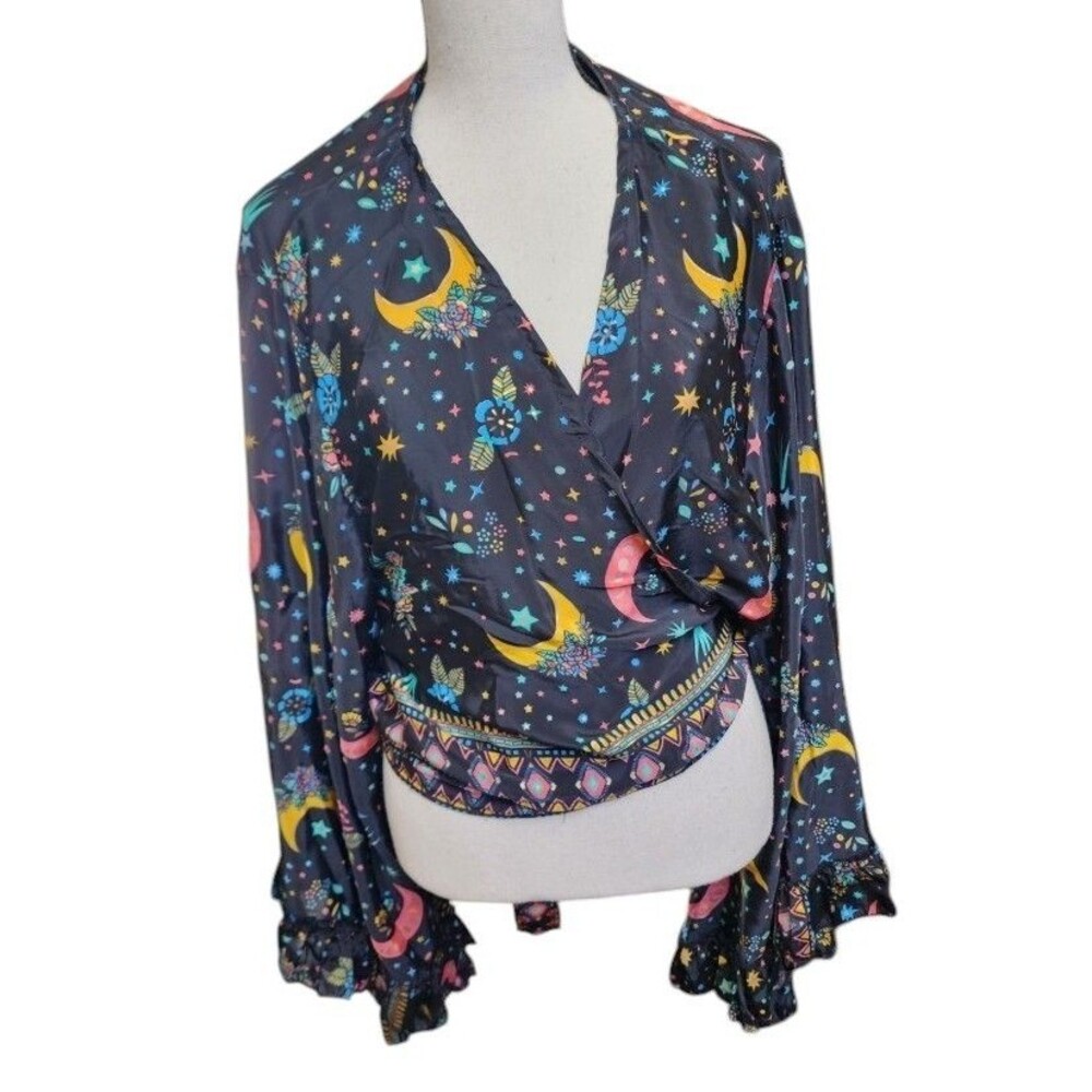 Karma Nepal Craft Silk Blend Wrap Top Size Plus One Size Flare Sleeve Whimsigoth